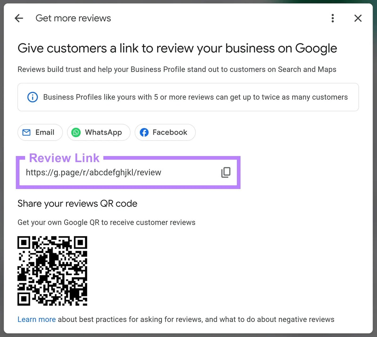 The Ask for reviews option in Google Business Profile showing the shareable review link