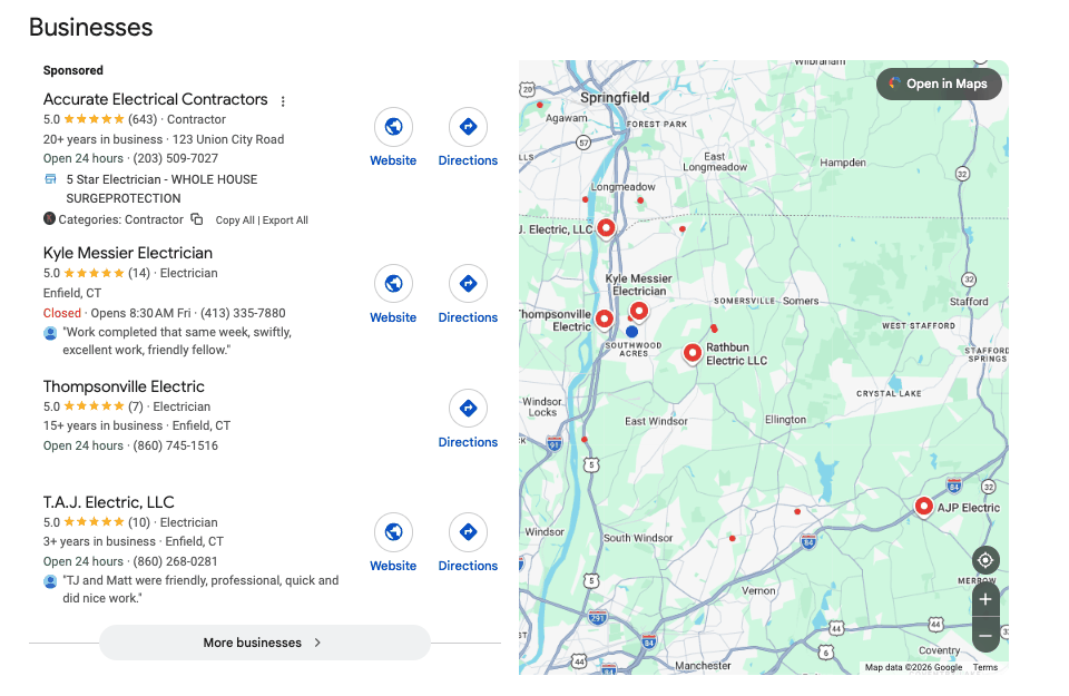 Google Business Profile showing a star rating and total review count