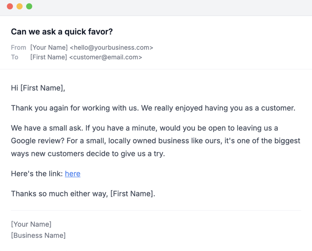 Email example asking a customer to leave a Google review