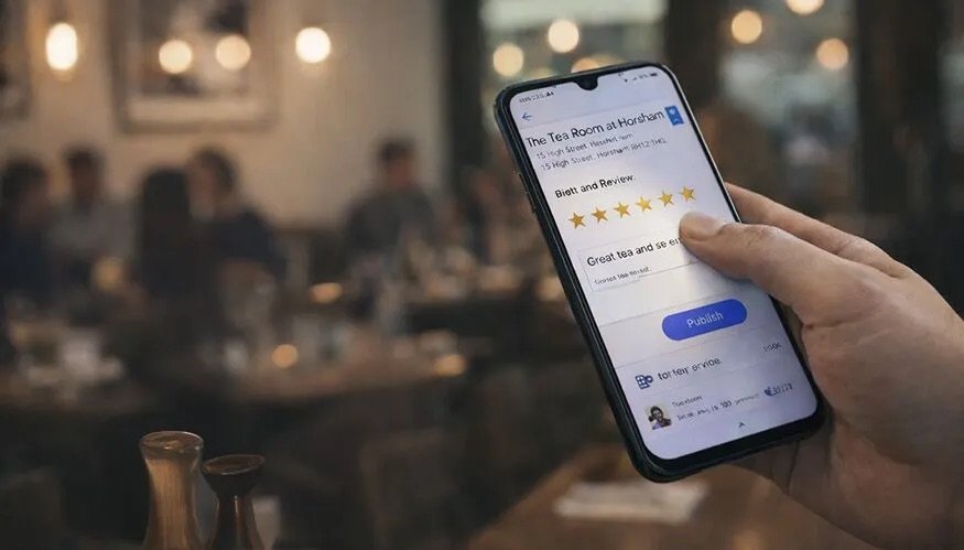 Customer leaving a five star Google review on a phone in a cafe