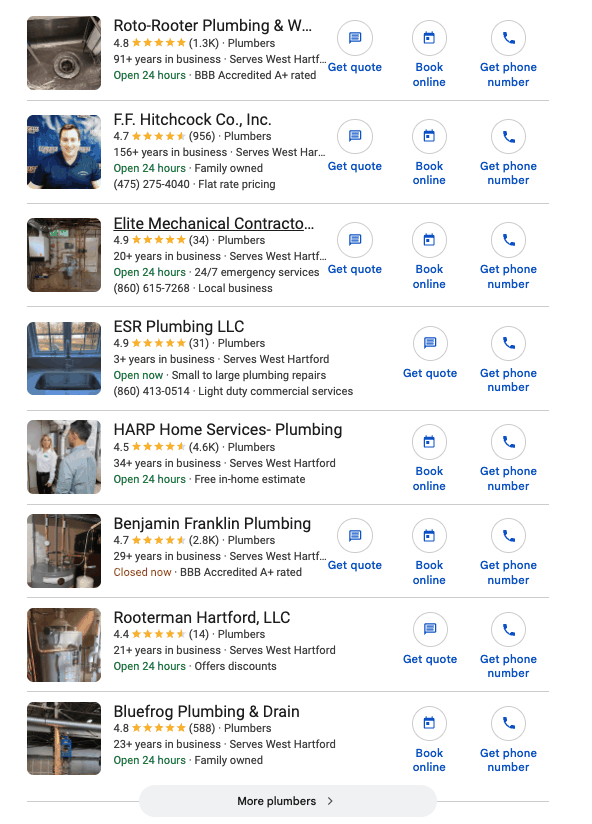 Plumbers listed in Google for West Hartford, Connecticut, each showing a star rating and years in business